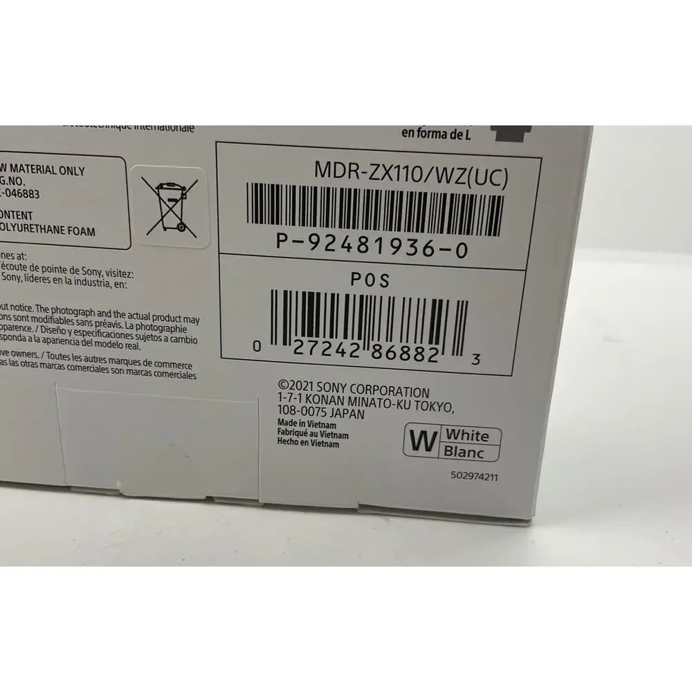 Sony ZX Series Wired On-Ear Headphones, White MDR-ZX110 Airplane Headphones